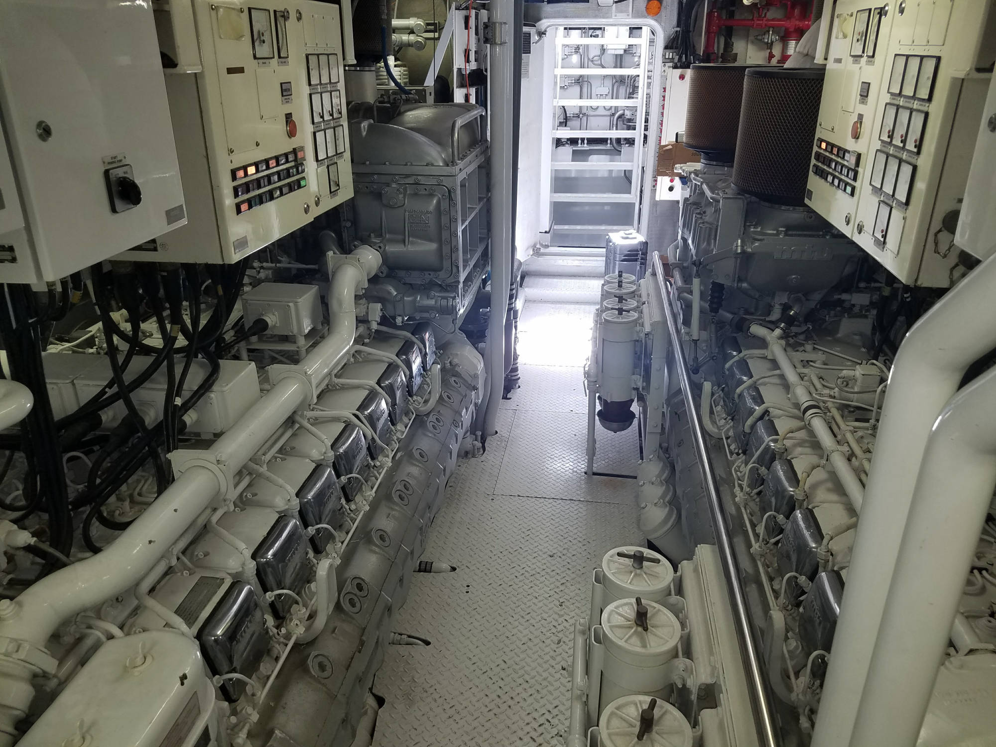 View of a marine engine room looking out